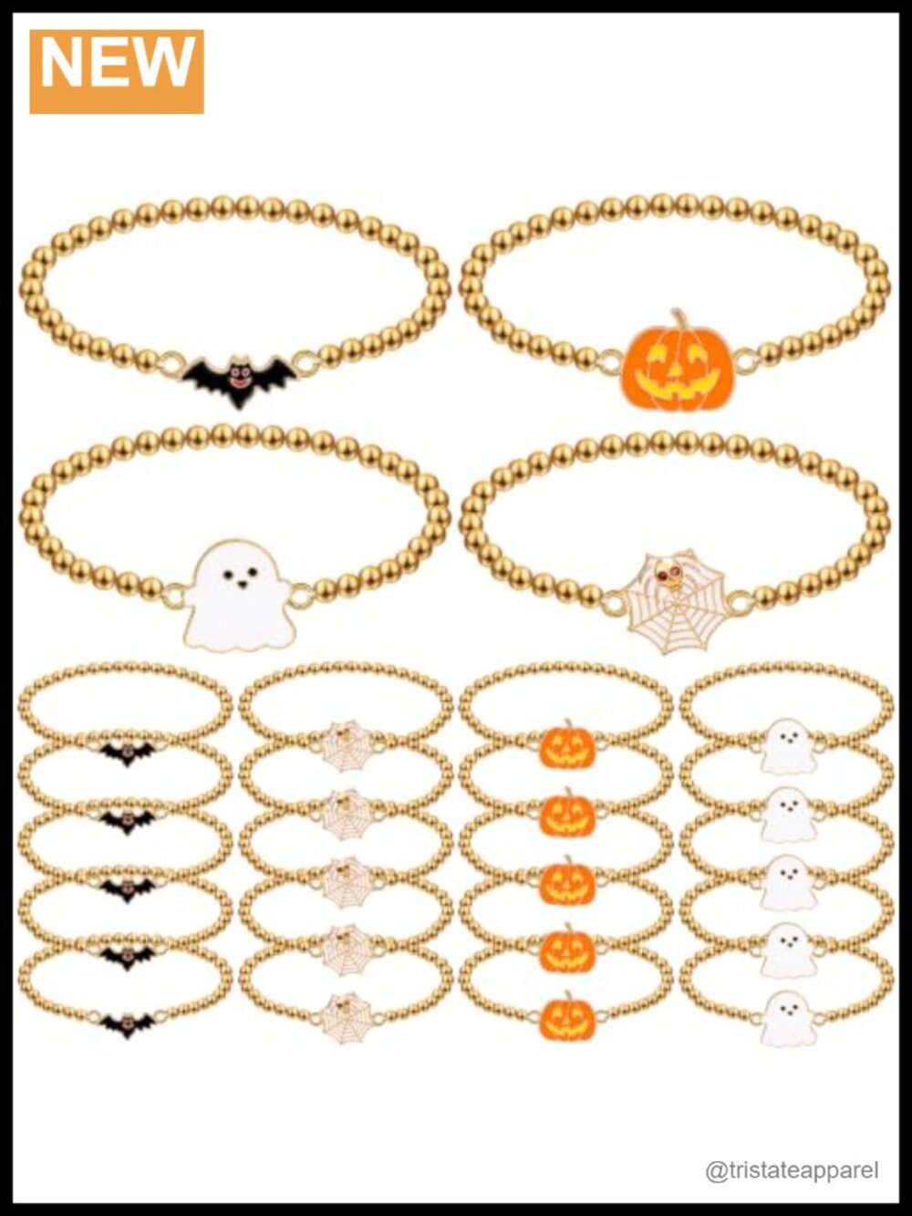 Halloween Stretch Bracelets Set Gold Alloy Beaded Pumpkin Ghost Bat Spider